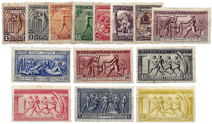Postzegels uitgegeven door Griekenland ter gelegenheid van Olympische Spelen in Athene.