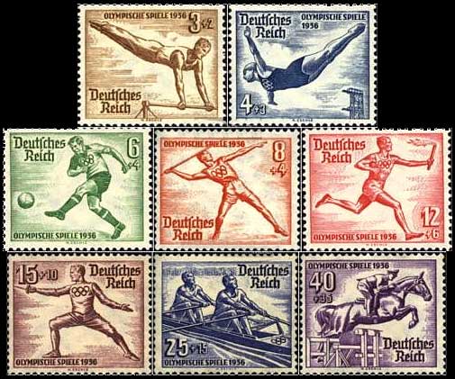 Postzegels uitgegeven door Duitsland ter gelegenheid van de Olympische Spelen 1936 in Berlijn.