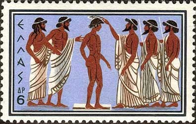 Postzegel uit 1960 van Griekenland, de ceremonie afbeeldend waarbij een Olympisch winnaar een lauwerkrans op het hoofd krijgt.