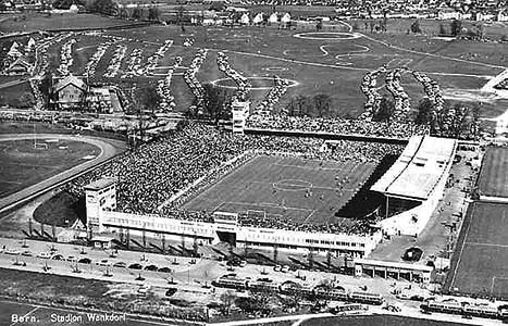 Het Wankdorf Stadion oin Bern waar de finale van het Wereldkampioenschap 1954 gespeeld werd.