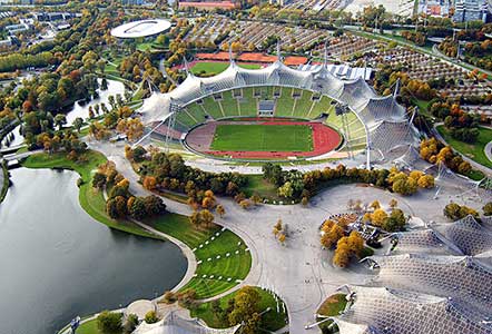 Het Olympia Stadion in Munchen waar de WK-finale van 1974 gespeeld werd.