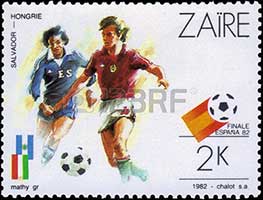 Een postzegel uitgegeven door Zaïre over El Salvador-Hongarije. 