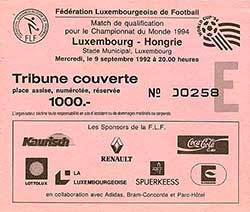 Ticket Luxemburg-Hongarije 9-9-1992