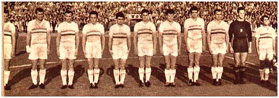 Het Hongaarse team voor de wedstrijd tegen Frankrijk in Budapest.