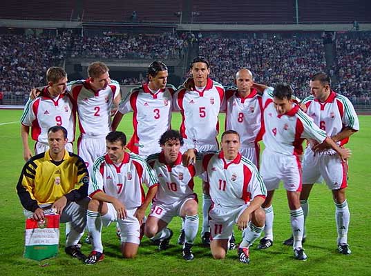 De Hongaarse nationale ploeg voor de wedstrijd tegen Spanje op 21-8-2002 (1-1).