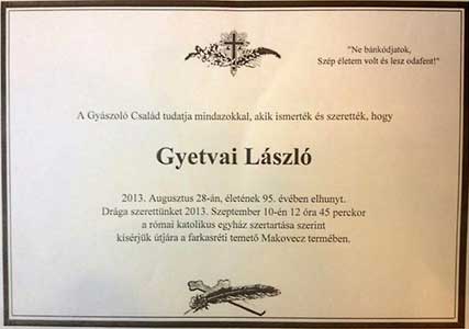 Het overlijdensbericht van Gyetvai László.