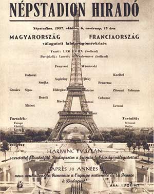 Aankondiging van de wedstrijd Hongarije-Frankrijk van 6 oktober 1957.
