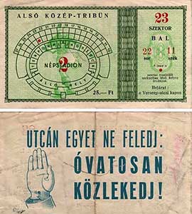 Ticket voor de wedstrijd Hongarije-Tsjecho-Slowakije van 24 oktober 1954.