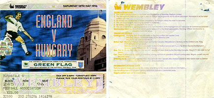Ticket van de wedstrijd Engeland-Hongarije (3-0) van 18 mei 1996 waar Nagy Norbert aan deelnam.