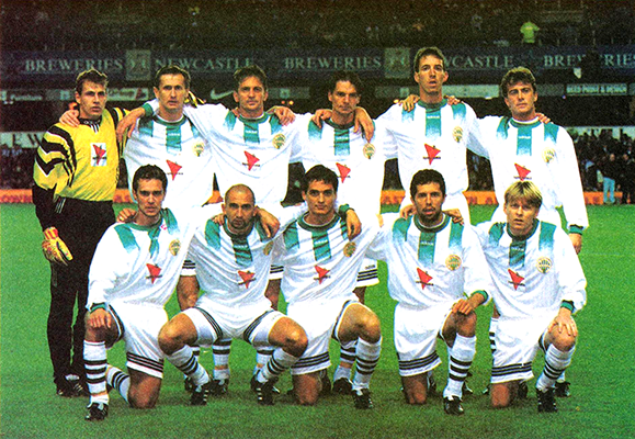 Het team van Ferencváros vóór de UEFA Cup-wedstrijd tegen Newcastle United op 29-10-1996.