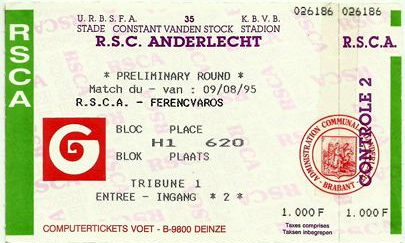 Ticket RSC Anderlecht-Ferencváros TC van 9 aug 1995...