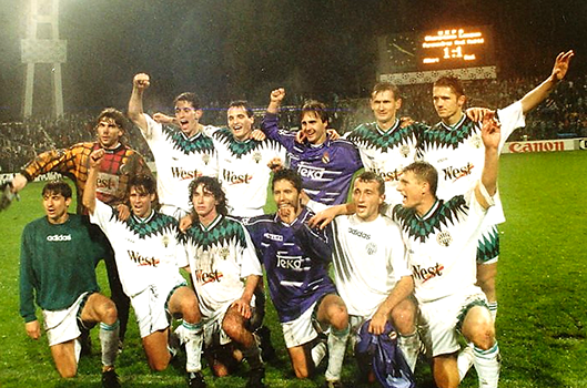 Het team van Ferencváros op 1-11-1995 na de wedstrijd tegen Real Madrid voor de Champions League (1-1)