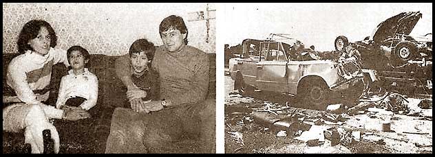 Pusztai Lásló met zijn echtgenote en kinderen en beide autowrakken na het ongeluk op 6 juli 1987.