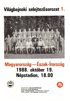 Aankondiging voor de wedstrijd Hongarije - Noord-Ierland van 19-10-1988.