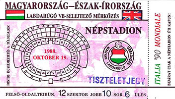 Ticket voor de wedstrijd Hongarije - Noord-Ierland van 19-10-1988.