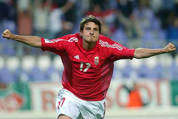 Szabics Imre viert een goal voor het Hongaars nationaal elftal.