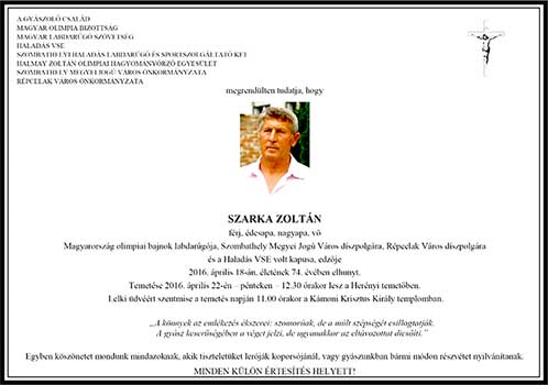 Het overlijdensbericht van Szarka Zoltán.