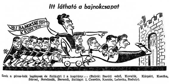 Karikatuur waarbij Szilágyi Gyula aan zijn medespelers van Vasas SC Budapest de weg naar nog meer zeges wijst.