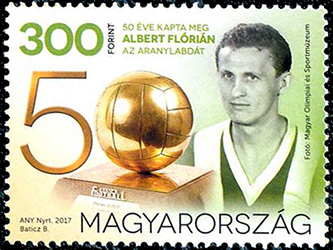 Postzegel uitgegeven op 5 oktober 2017 bij de 50ste verjaardag van de Gouden Bal van Albert Flórián.