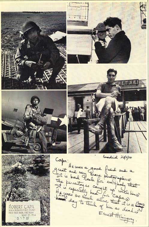 Een collage van foto's van Robert Capra en een afscheidswoord van Ernest Hemingway van 27/5/1954. 