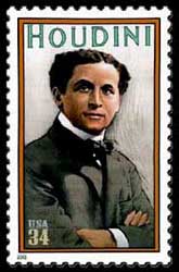 Harry Houdini op de postzegel uitgegeven door de USA.