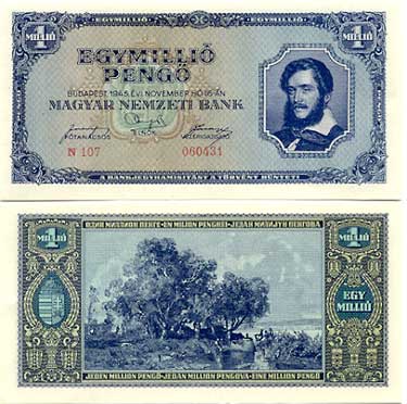 Een Hongaars bankbiljet van 1 miljoen pengo