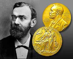 Alfred Nobel en een Nobelprijsmedaille.