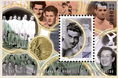 Hongaars postzegelvelletje met Olympische winnaars, waaronder Papp László in het midden.
