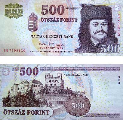 Een Hongaars bankbiljet van 500 forint uit 2008 met de beeltenis van Rákóczi Ferenc.
