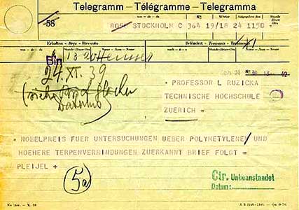 Het telegram hem de toekenning van de Nobelprijs Scheikunde 1939 mededelend.