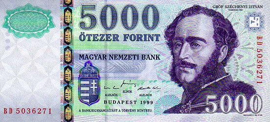 Hongaars bankbiljet van 5000 Forint met de beeltenis van Széchenyi István (1999).