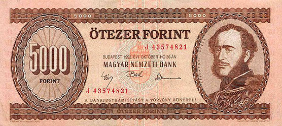 Hongaars bankbiljet van 5000 Forint met de beeltenis van Széchenyi István (1992).