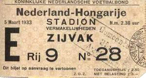 Ticket Nederland-Hongarije 5/3/1933