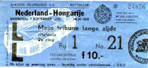 Ticket Nederland-Hongarije 7-9-1966.