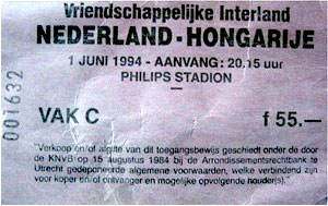 Ticket Nederland-Hongarije 1-6-1994