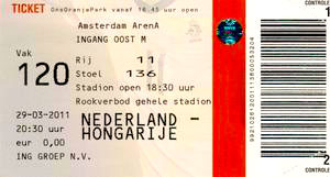 Ticket Nederland-Hongarije 29 maart 2011.